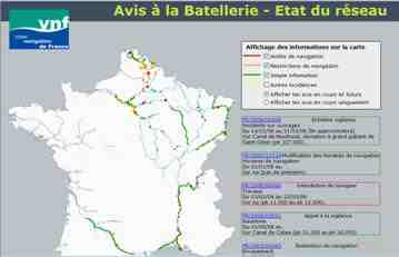 La carte des "avis à la batellerie" du réseau VNF