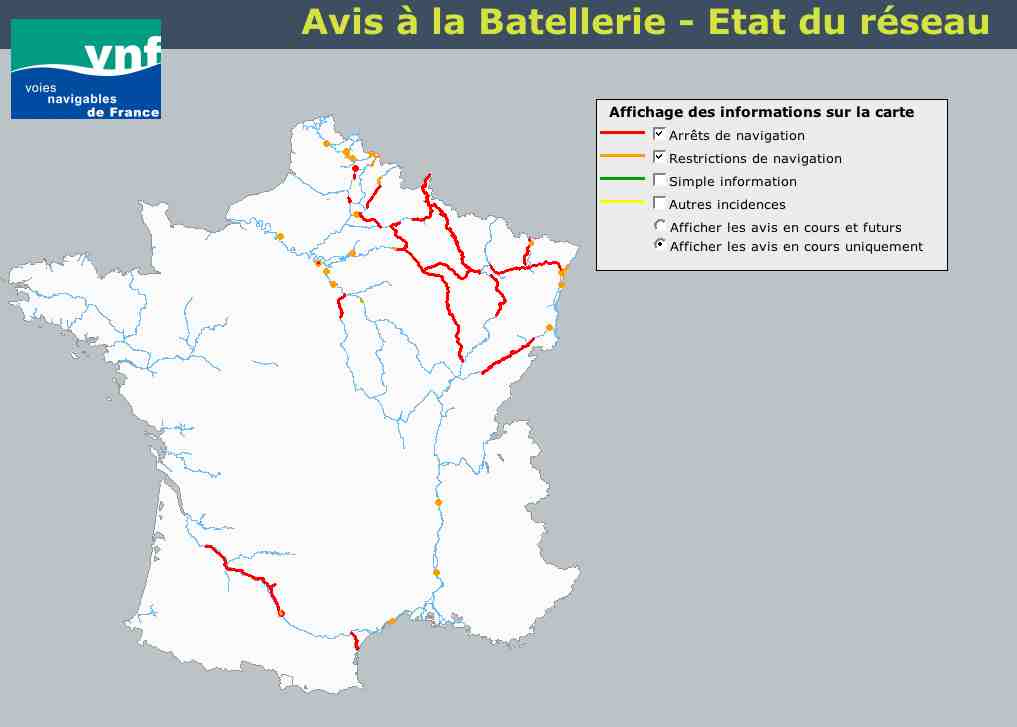 Etat du réseau VNF le 12 janvier 2009