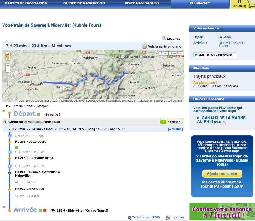 L'itinéraire de Fluviacap entre Saverne et Niderviller (site Fluviacarte)