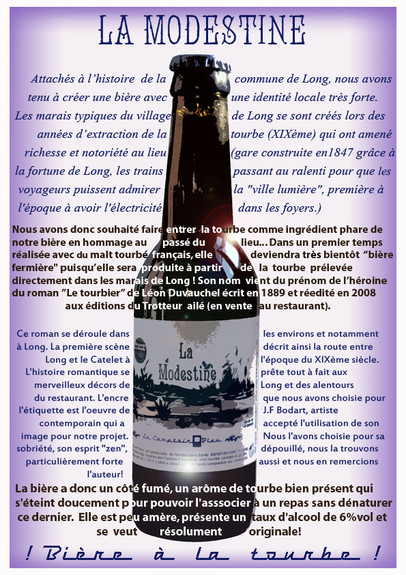 La bière de Long, "La Modestine" ...tourbée, bien sûr ! (Affiche du Comptoir Bleu) 