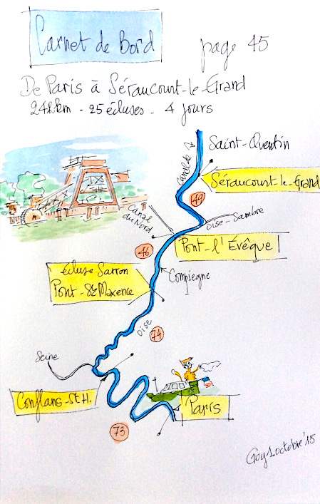 Parcours du "Chat-Lune" de Paris à Séraucourt (schéma de G.Mollet)