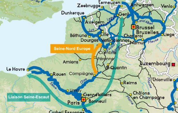 Le tracé du futur canal Seine Nord. (Image Groupe Moniteur)